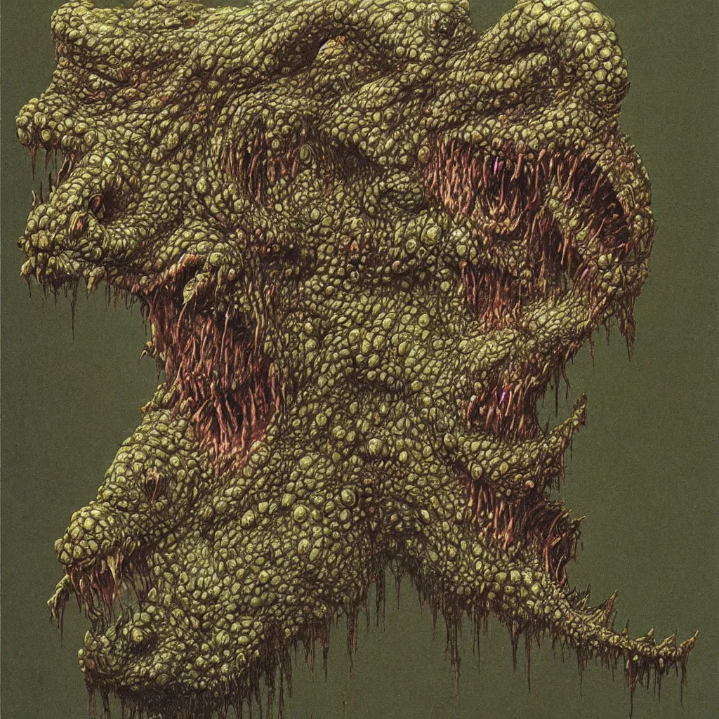 Image similar to horrifying crocodile creature, necromorph, in the style of zdislaw beksinski