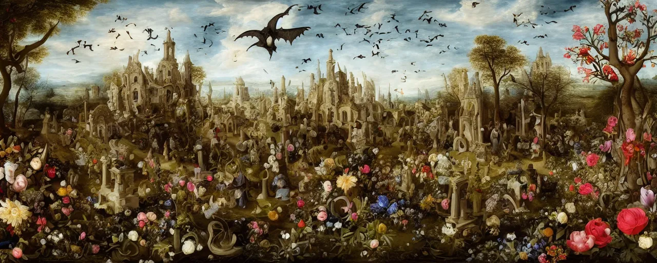 Prompt: 'Life from death' An aesthetic horror baroque landscape painting depicting 'A graveyard with plants and flowers growing, ghosts + bats and crows flying around' by Jan Brueghel the Elder, Trending on cgsociety artstation, 8k, masterpiece, cinematic lighting, highly detailed, vibrant colors.