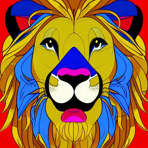 Prompt: a happy lion, Cartoonist, Anthropomorphic, portrait, highly detailed, colorful, illustration, smooth and clean vector curves, no jagged lines, vector art, smooth