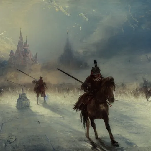 Prompt: highly detailed painting of samurais patrolling moscow, by william turner, by greg rutkowski, by william constable, thick brush strokes and visible paint layers, 4 k resolution