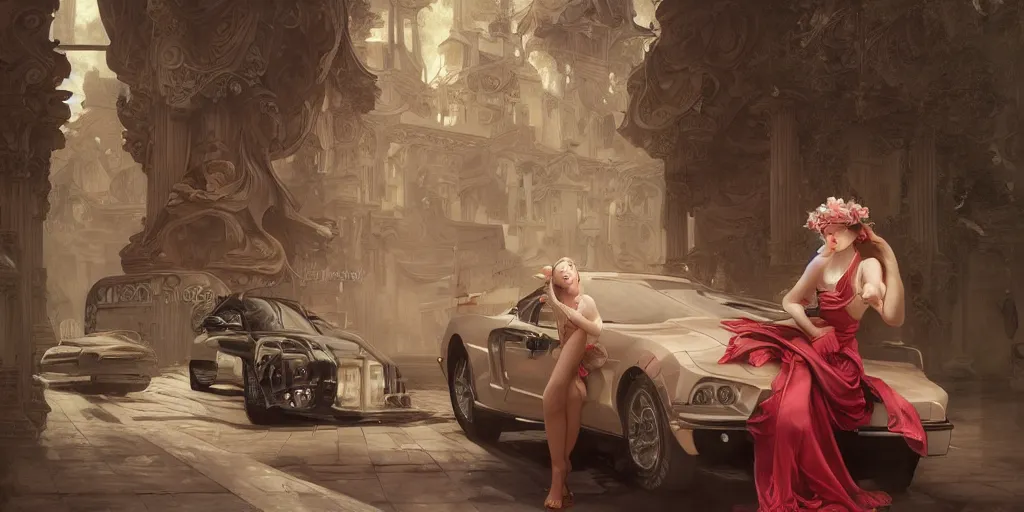 Image similar to a beautiful girl in a baroque dress standing near ford mustang. neon light, masterpiece 4k digital illustration by Ruan Jia and Mandy Jurgens and Artgerm and william-adolphe bouguereau, award winning, Artstation, art nouveau aesthetic, Alphonse Mucha background, intricate details, realistic, panoramic view, Hyperdetailed, 8k resolution, intricate art nouveau