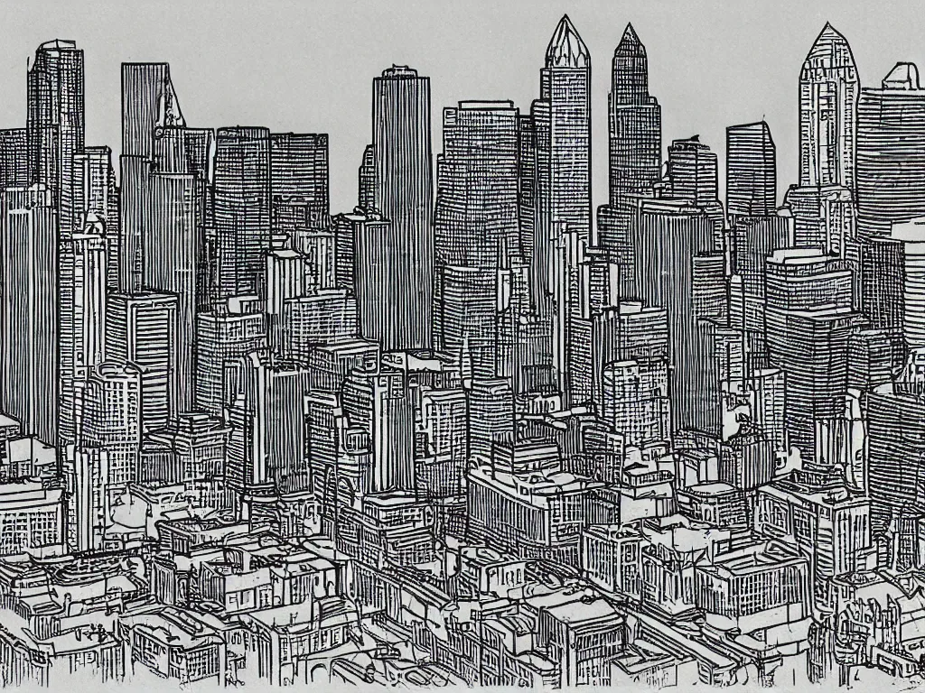 Image similar to extremely detailed drawing of the milwaukee skyline in the style of bill watterson