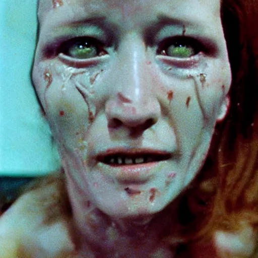 Image similar to 7 0 s film still from a horror movie of anne heche suffering from radiation induced moist desquamation and severe burns, kodachrome, cinecolor, cinestill, film grain, film texture, retro, cinematic, high resolution, photorealism, - w 8 6 7