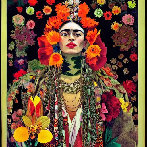 Image similar to frida kahlo dressed like an aztec empress surrounded by flowers, poster by alphons mucha