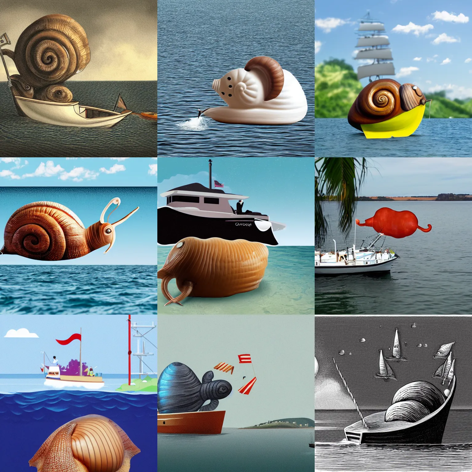Prompt: A boat sailing into the mouth of a giant snail that is working a boring office job
