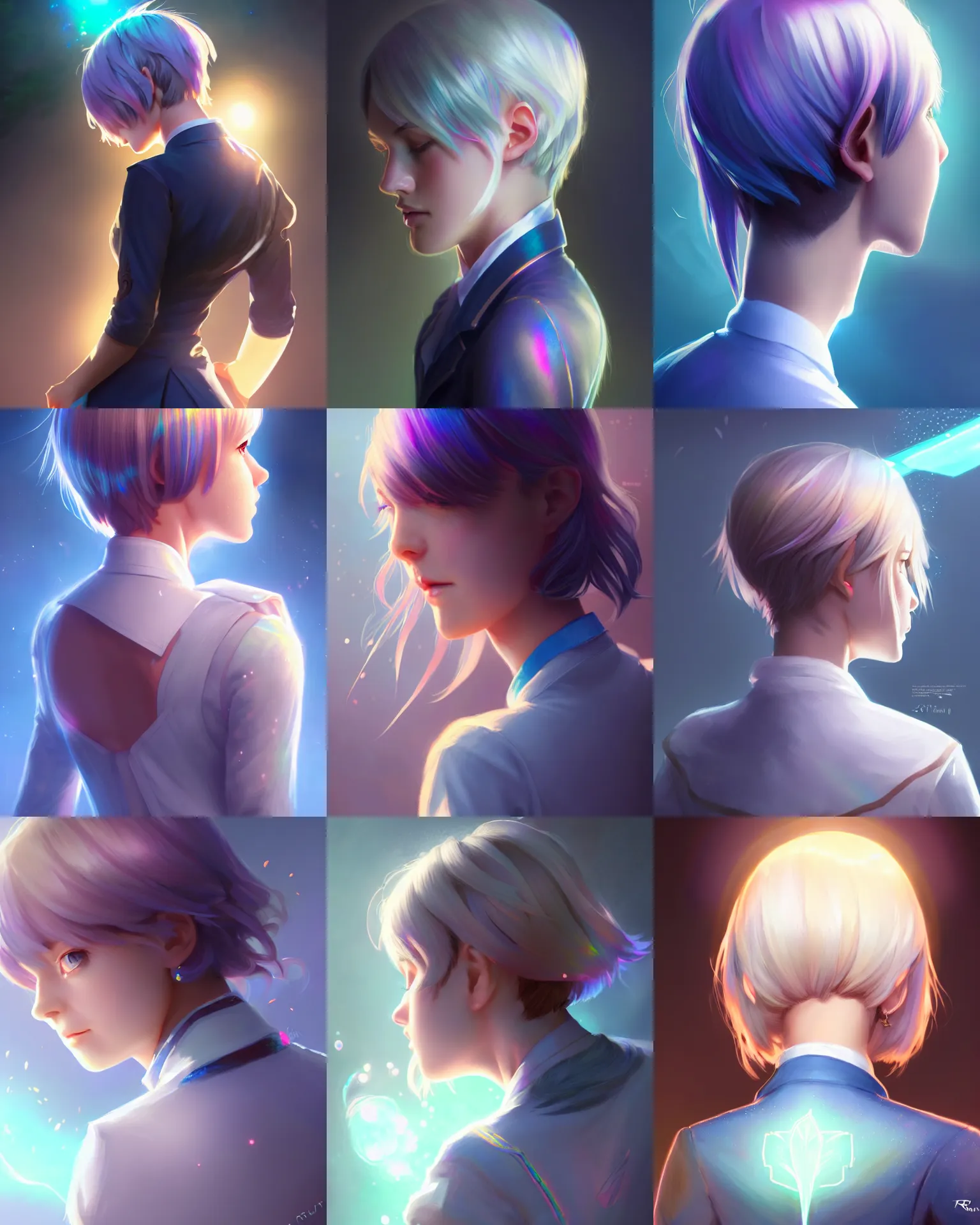 Prompt: back portrait of an innocent lost college girl, strixhaven magic school university uniform, light iridescent hair color, cute short hair style, fantasy, intricate, sharp focus, lens flare, bloom, rim light, illustration, highly detailed, digital painting, concept art, matte, art by ruan jia