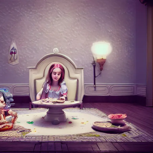 Image similar to alice sitting, alice in wonderland theme, disney photo realistic, octane render, 8 k, unreal engine, hd, cinematic lighting