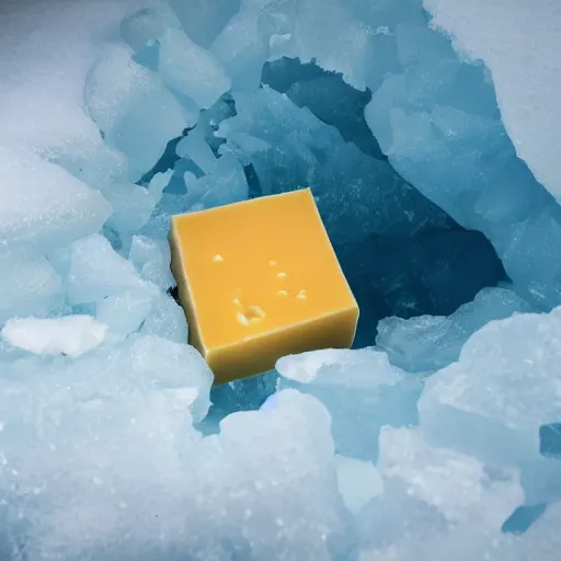 Prompt: block of cheese inside an ice cavern