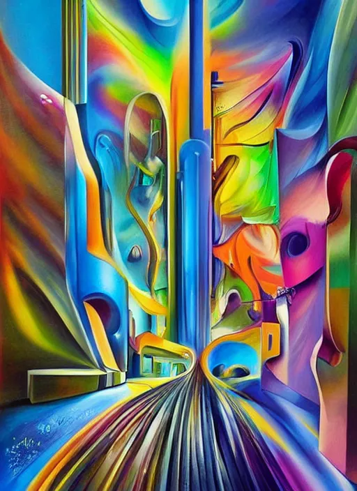 Image similar to an extremely high quality hd surrealism painting of a 3d galactic neon complimentary-colored cartoony surrealism melting optically illusiony high-contrast zaha hadid city street by kandsky and salvia dali the second, salvador dali's much much much much more talented painter cousin, clear shapes, 8k, ultra realistic, super realistic