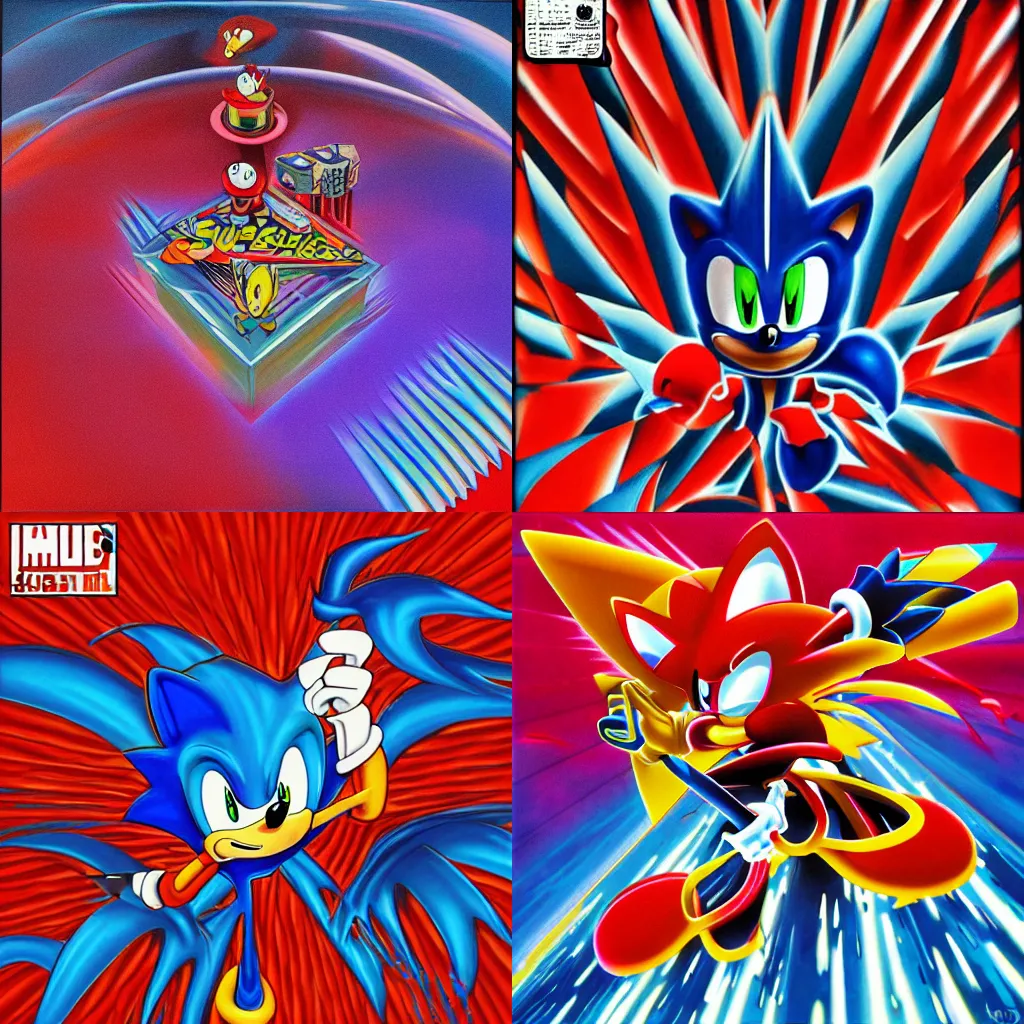 Prompt: surreal, sharp, detailed professional, high quality airbrush art MGMT album cover of a liquid dissolving DMT sonic the hedgehog, red checkerboard background, 1990s 1992 Sega Genesis video game box art