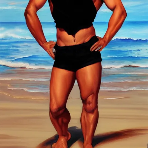 Prompt: A Buff Young Latino Male Lifeguard at the Beach, short black hair, brown eyes, slight smile, art by Artgerm, artstation