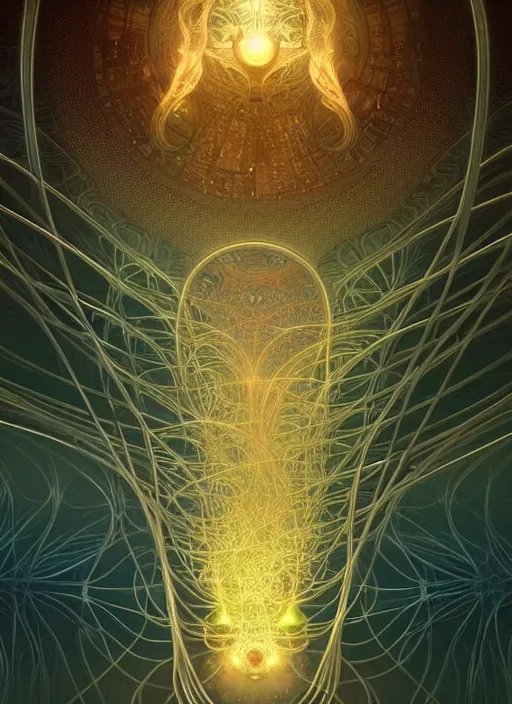 Image similar to fractals!! calm, healing, resting, life, hybrids, scifi, glowing lights!! intricate elegant, highly detailed, volumetric, smoke, digital photograph, artstation, concept art, smooth, sharp focus, thin glowing wires, illustration, art by greg rutkowski and alphonse mucha, singularity!!!, 3 6 0 capture