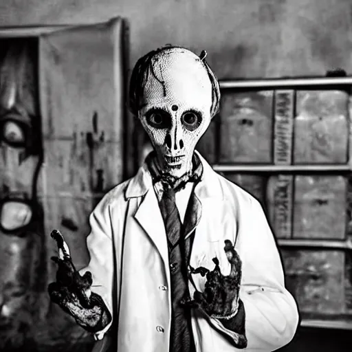 Image similar to mad scientist with a burnt face, creepy, eerie, horror movie still