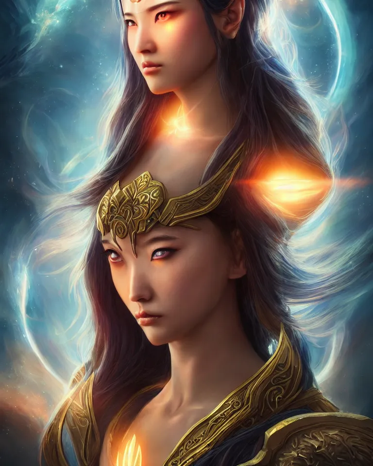 Image similar to beautiful cinematic fantasy poster, asian goddess of light and love, beautiful glowing galaxy eyes, hybrid from The Elden Ring and art direction by Darius Zawadzki ;by artgerm; wayne reynolds art station; cinematic quality character render; low angle; ultra high quality model; production quality cinema model;