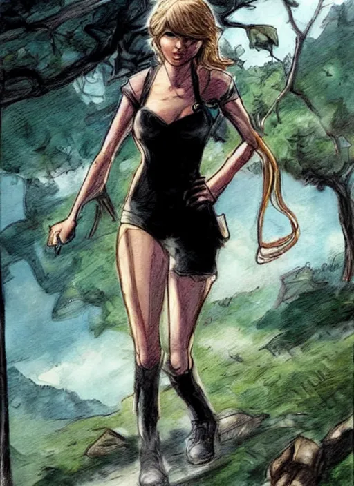 Prompt: beautiful concept art comic book drawing of taylor swift hiking by randy vargas and simon bisley