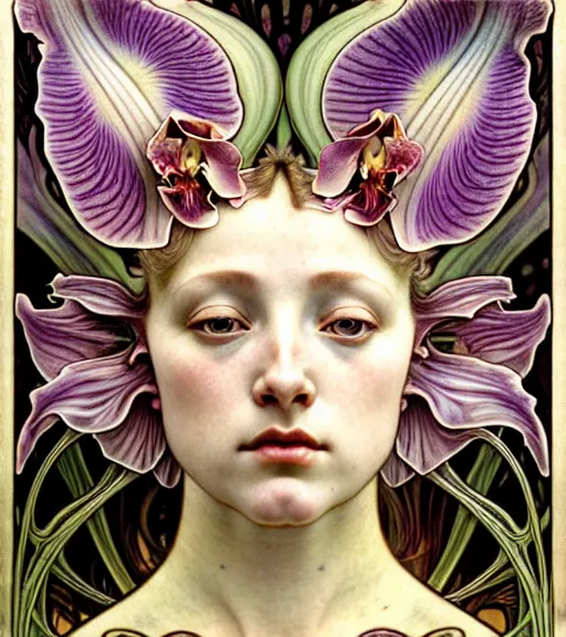 Image similar to beautiful young orchid fairy detailed realistic porcelain face portrait by jean delville, alphonse mucha, iris van herpen and marco mazzoni, art forms of nature by ernst haeckel, art nouveau, symbolist, visionary, gothic, neo - gothic, pre - raphaelite, fractal lace, intricate alien botanical biodiversity, surreality, hyperdetailed ultrasharp octane render