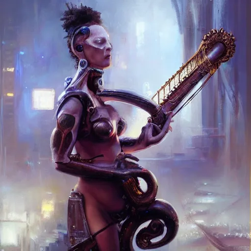 Prompt: stunning portrait of 32 weeks unborn baby argonaut Orpheus playing a lyre, painting by Raymond Swanland, cyberpunk, sci-fi cybernetic implants hq