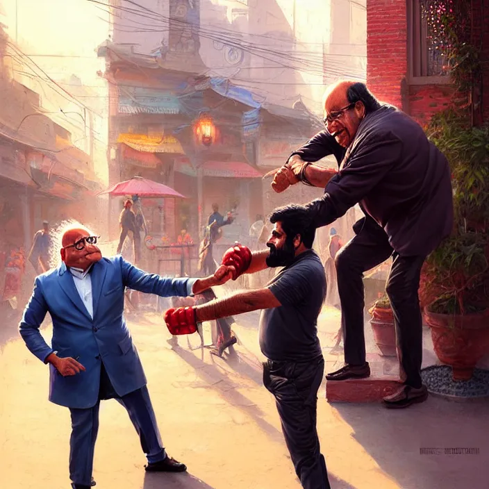Prompt: portrait of tall indian man punching danny devito outside a bar, elegant, real life skin, intricate artwork, high detailed, artstation, concept art, smooth, sharpz focus, art by artgerm and greg rutkowski