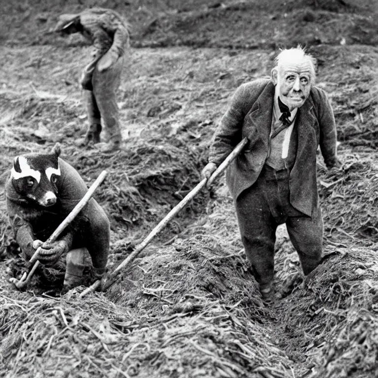 Prompt: badger from wind in the willows, in 1940s suit digging at the sutton hoo ship burial, rendered as a black & white photo