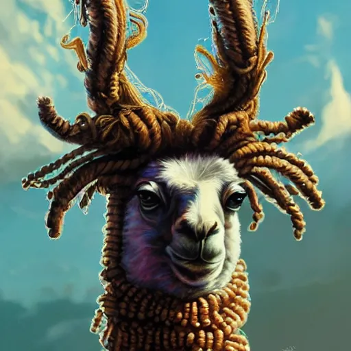 Image similar to llama with dreadlocks, heroic pose, industrial sci-fi, by Mandy Jurgens and Warhol, Ernst Haeckel, James Jean, artstation, concept art