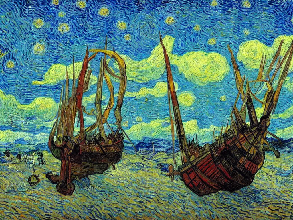 Image similar to bright beautiful oil painting of a viking longship beached on a tropical desert island, light scatter, van gogh