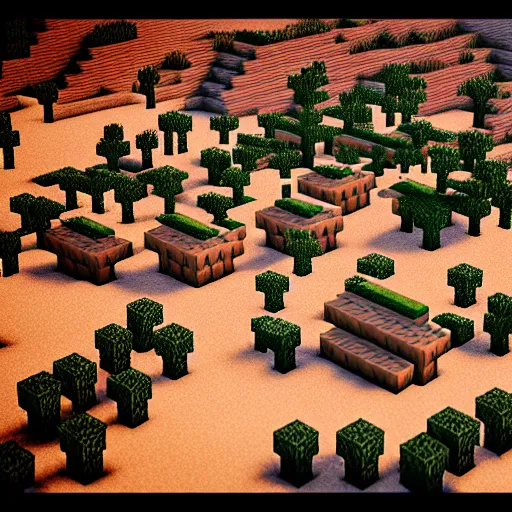 Image similar to a minecraft village in a desert biome. 3 5 mm studio photograph by artem demura.