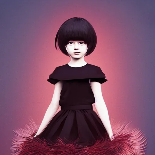 Prompt: little girl with an eccentric haircut wearing an dress made of feathers, artwork made by ilya kuvshinov