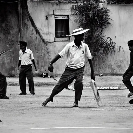Image similar to four guys playing a game of cricket, on an indian street, award winning image, national geographic, dslr 3 0 mm image, black and white, wow, gorgeous