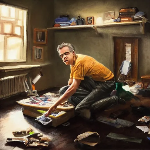 Image similar to painting of jordan peterson cleaning his messy room in the style of award winning artstation