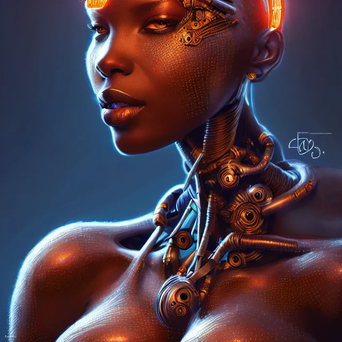 Image similar to beautiful african organic cyborg, diffuse lighting, fantasy, intricate, highly detailed, lifelike, photorealistic, digital painting, artstation, illustration, concept art, smooth, sharp focus