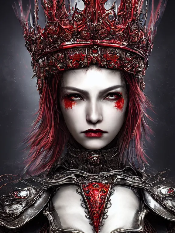 Prompt: portrait art of 8k ultra realistic vampire queen,intricate red crown, detailed intricate ornate armour,decaying, cybernetic, full of colour, cinematic lighting, battered, trending on artstation, 4k, hyperrealistic, focused, extreme details,unreal engine 5, cinematic, masterpiece, art by ayami kojima, giger