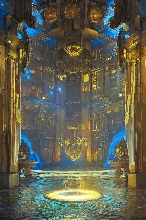 Prompt: Concept Digital Art Highly detailed Alien Art Deco Cybertron courtyard inside of the Palace of the Primes with glowing blue water at night by greg rutkowski, Ilya repin, alphonse mucha, and Edmund Blair Leighton. Very highly detailed 8K, octane, Digital painting, the golden ratio, rational painting