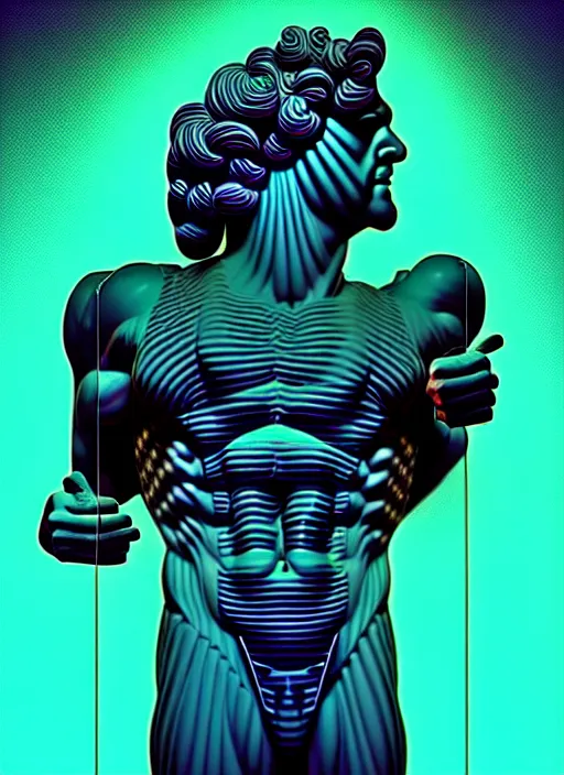 Image similar to statue of hercules, beeple, android jones, ( ( ( ( ( dan mumford ) ) ) ) ), vaporwave, retrowave, black background, neon wiring, black, glitch, strong contrast, cuts, pinterest, trending on artstation