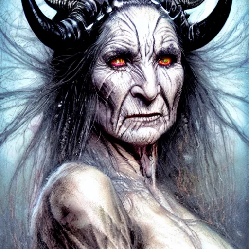 Prompt: head and shoulders portrait of an evil, black - skinned, horned night hag portrayed by olympia dukakis, d & d, fantasy, luis royo, magali villeneuve, donato giancola, wlop, krenz cushart