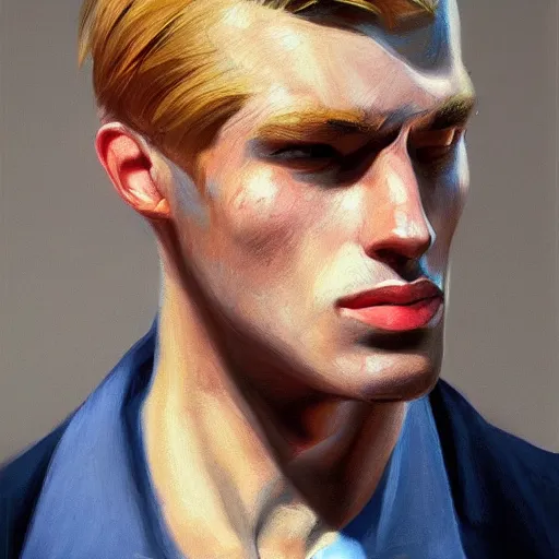 Prompt: a close up hyper realistic portrait of a blonde man with a chiseled jawline, vibrant color, edward hopper, trending on artstation