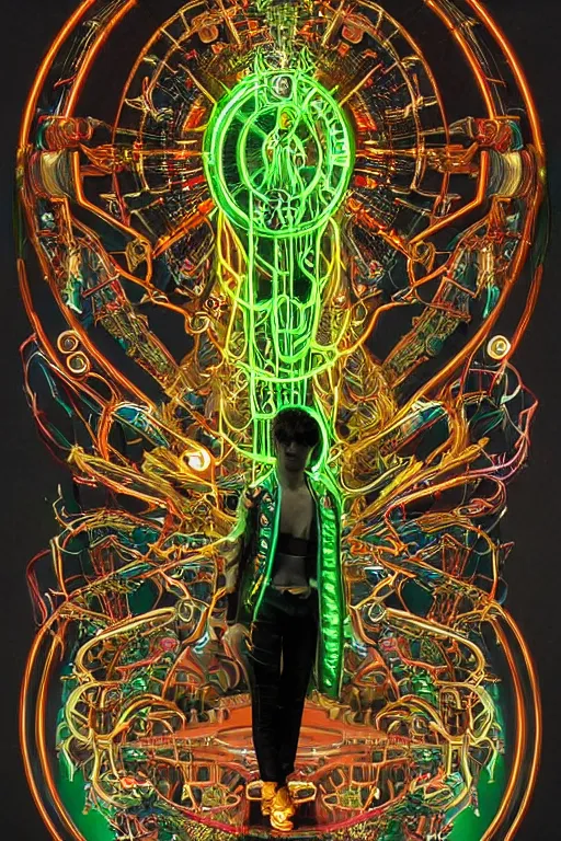 Image similar to full-body bladerunner neon baroque style sculpture of a young handsome Spanish prince as a half cibernetic android with a chest opening exposing circuitry and electric sparks, glowing laser beam eyes, crown of giant neon diamonds, flowing neon green colored silk, fabric, raptors. baroque elements. full-length view. mechanical gear neon flowers. intricate artwork by caravaggio. black screen panel for a face. Trending on artstation, octane render, cinematic lighting from the right, hyper realism, octane render, 8k, depth of field, 3D