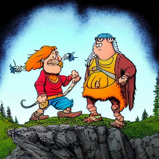 Prompt: groo the wanderer and rufferto in an epic pose on top of a mountain illustration by sergio aragones