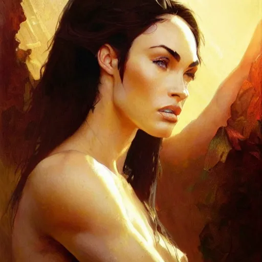 Image similar to megan fox portrait art of elysium by frank frazetta and by jeremy mann and by alphonse mucha, fantasy art, photo realistic, dynamic lighting, artstation, volumetric lighting, very detailed face, 4 k