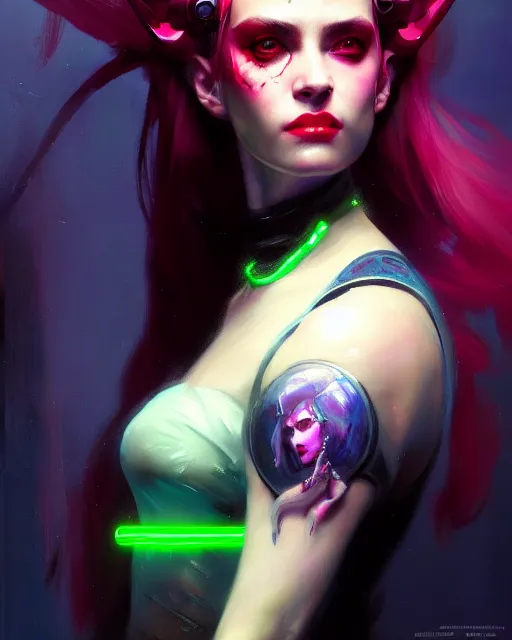 Image similar to painted close - up portrait of a neon intimidating cyberpunk girl. oil painting, wearing a noblewoman's outfit, fantasy art by greg rutkowski and john singer sargent and gaston bussiere, demon noble character design