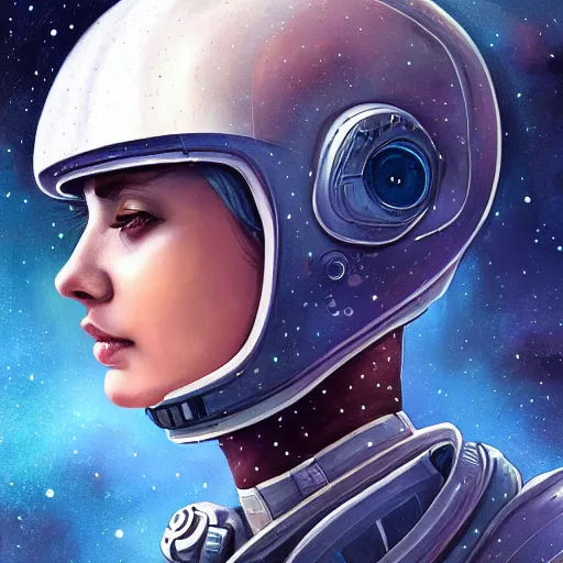 Image similar to portrait of a young rugged astronaut, galaxy spiral background. exploded helmet, D&D, fantasy, intricate, elegant, highly detailed, digital painting, artstation, concept art, matte, sharp focus, illustration, art by Anna dittmann