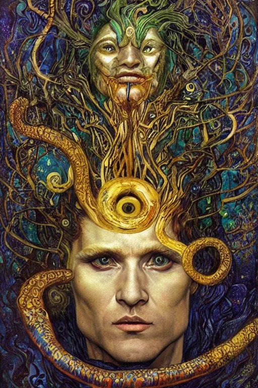 Image similar to Rebirth by Karol Bak, Jean Deville, Gustav Klimt, and Vincent Van Gogh, Rebirth, Loki's Pet Project, mystical portrait of a serpent deity, Surreality, otherworldly, fractal structures, arcane, ornate gilded medieval icon, third eye, spirals