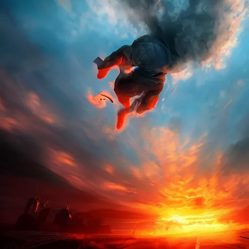 Prompt: running and falling on burning clouds, 4k, post-processing, detailed, artstation