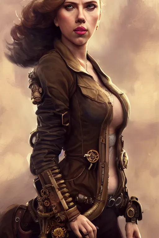 Prompt: Scarlett Johansson in a steampunk outfit, anatomy, only two hands, highly detailed, digital painting, artstation, concept art, smooth, sharp focus, illustration, Unreal Engine 5, 8K, art by art by artgerm and greg rutkowski and edgar maxence