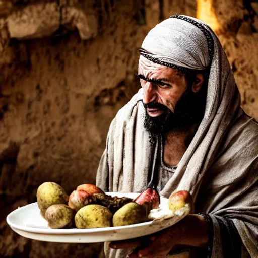 Prompt: cinematic still of angered middle eastern skinned man in ancient Canaanite clothing looking up while holding a plate of rotting fruit, mad, frustrated, jealous, Biblical epic by Christopher Nolan