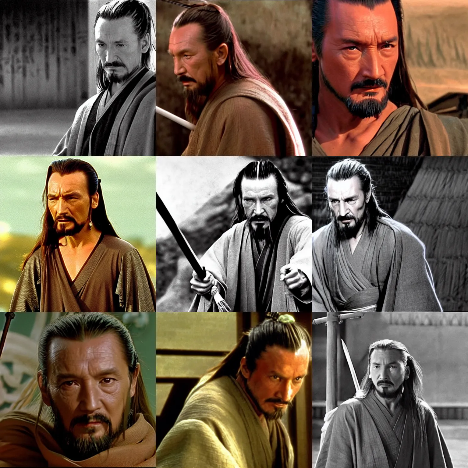 Prompt: qui - gon jinn in a kurosawa samurai movie