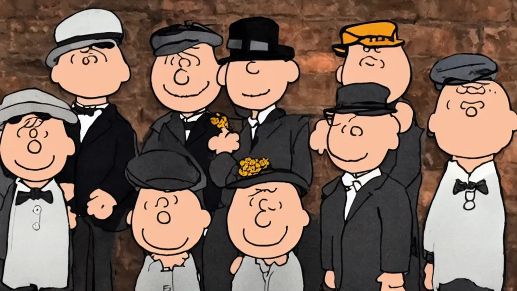 Image similar to peanuts heads dressed like the peaky blinders