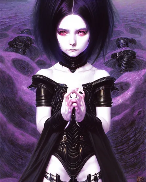 Image similar to portrait of beautiful cute young goth maiden girl with short white hairs in warhammer armor, art by ( ( ( kuvshinov ilya ) ) ) and wayne barlowe and gustav klimt and artgerm and wlop