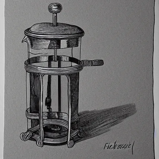 Image similar to coffee french press hand drawn ink on paper, high detail, denoised