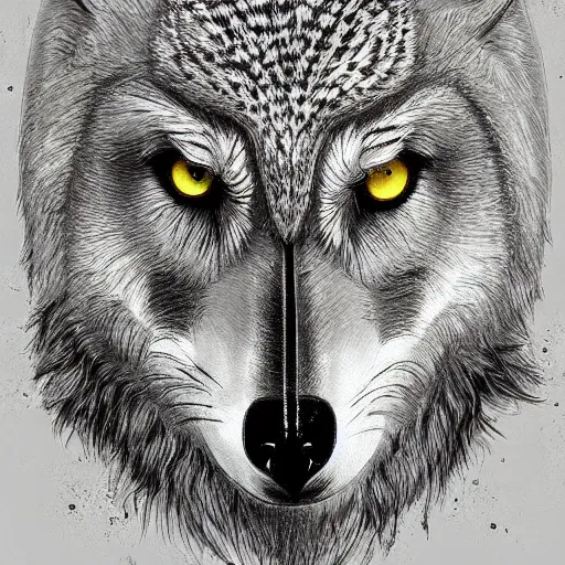 Image similar to ( ( ( ( wolf ) ) ) ) with the head of an owl, art reference sheet, featured on artstation