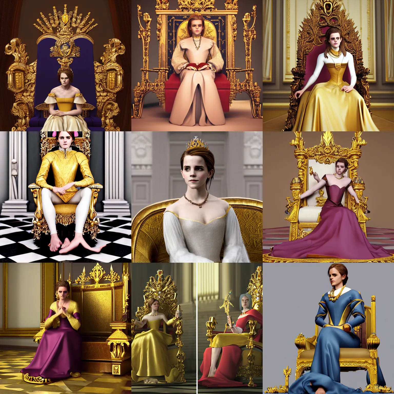 Prompt: regal Emma Watson sitting on queens throne royalty wearing royal mantle gold jewelry by moebius and atey ghailan by james gurney by vermeer by George Stubbs unreal engine raytracing cgsociety blender